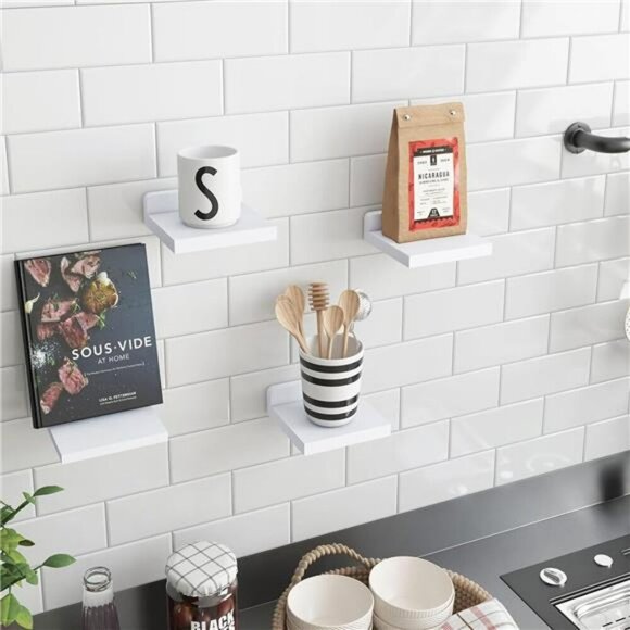 White Floating Wall Shelves Set of 4 Small Wood Shelf for Bedroom Bathroom - Picture 5 of 8